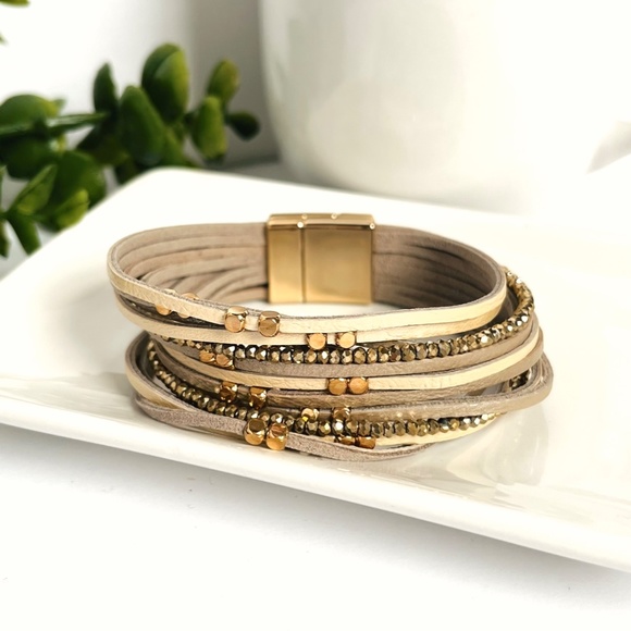 Champagne Beaded Leather Wrap Bracelet - Picture 1 of 7